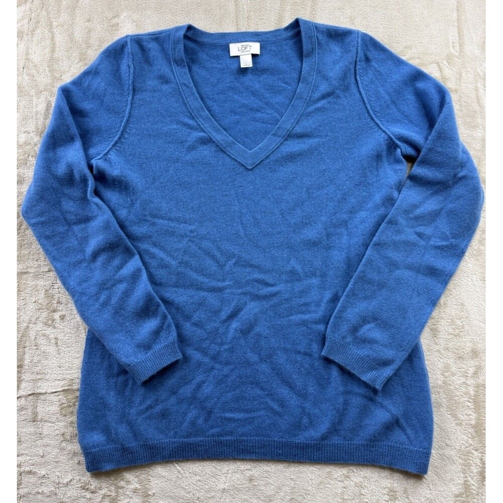 Ann Taylor Loft Cashmere Sweater Womens Large Blue V Neck Long Sleeve Pullover